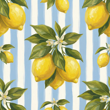 Seamless Mediterranean Lemon Citrus Pattern with Green Leaves and Blossoms on Blue and White Striped Background - Hand-Painted Watercolor Style for Textile and Wallpaper Design