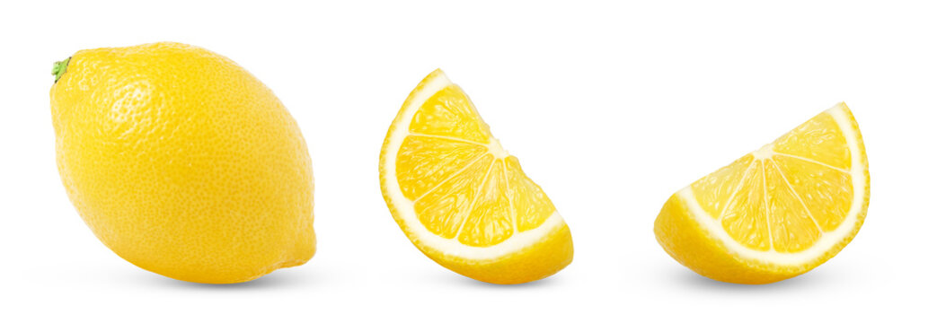 Set of lemons isolated. Whole lemon, cut in a slice of lemon isolated.