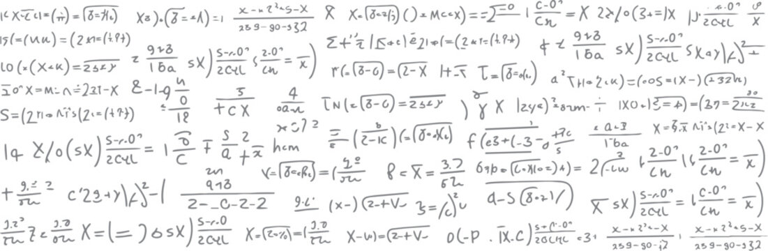 Handwritten mathematical equations and formulas on a white background with gray ink mathematics algebra