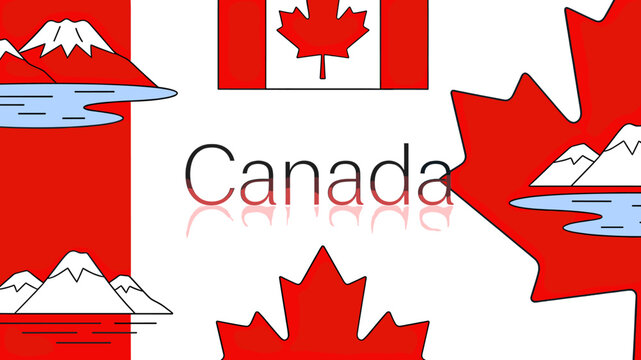 Illustrative graphic featuring the Canadian flag with mountains and water, showcasing the word "Canada" prominently.