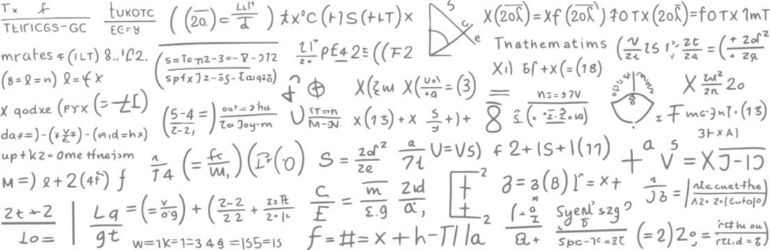 Hand drawn mathematical equations and symbols scattered across a white background with a grey tone mathematics 1