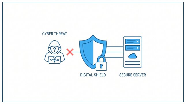 Cybersecurity business protects against cyber threats with digital shield and secure server