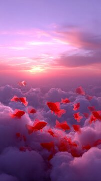 In a dreamlike setting, vibrant red kois gracefully glide through fluffy clouds, illuminated by the soft glow of a sunset. This enchanting moment captures the beauty of fantasy and tranquility