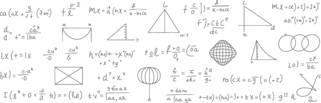 Hand drawn mathematical equations and geometric shapes on a white background mathematics formula 1 geometry