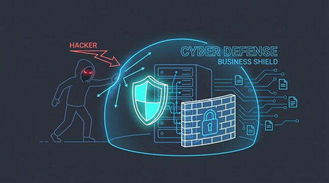 Cybersecurity business shield protecting network from hacker attack with secure data and digital defense