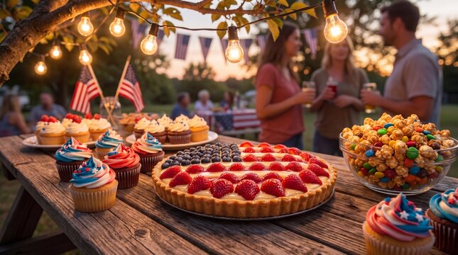 Close-up of Red White and Blue Independence Day Dessert Table with Fairy Lights