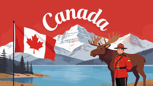 Vibrant illustration of Canada featuring a flag, moose, Mountie, mountains, and lake.
