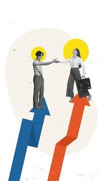 Business people rise on arrows in animated stop motion collage with bold graphic composition. Fits career growth stories, mentoring programs, leadership coaching, and promotion concepts.