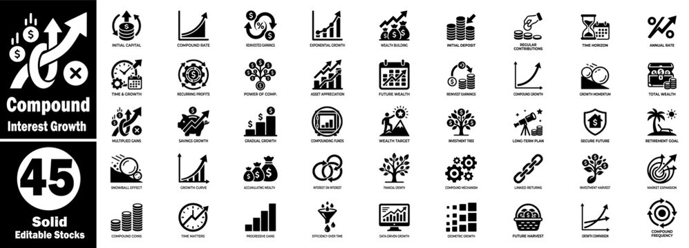 Compound interest growth icons set for financial planning and investment.