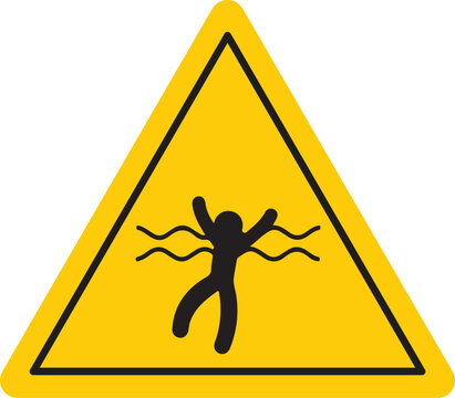 Warning sign for drowning hazard yellow triangle with black pictogram of a person struggling in water isolated on white background