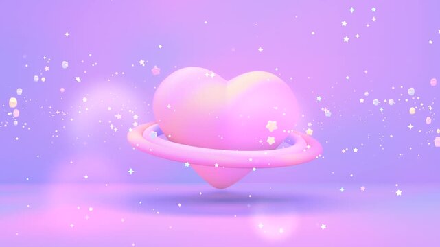 Dreamy heart-shaped planet with glowing lights and magical sparkles animation. (loop)