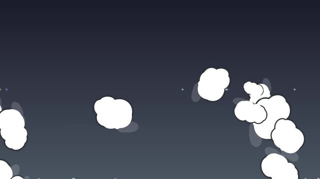 Floating white cartoon clouds with colorful dots on dark gray background