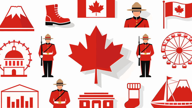 Collection of Canadian Icons Featuring Maple Leaf, Mounties, Parliament, and Ferris Wheel.