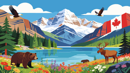 Fototapeta premium Vibrant Canadian Rocky Mountain landscape with diverse wildlife, including a bear, elk, and eagles, set against a backdrop of snow-capped peaks and a Canadian flag.