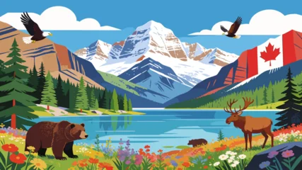 Fototapeten Blau Vibrant Canadian Rocky Mountain landscape with diverse wildlife, including a bear, elk, and eagles, set against a backdrop of snow-capped peaks and a Canadian flag.  © cemoro