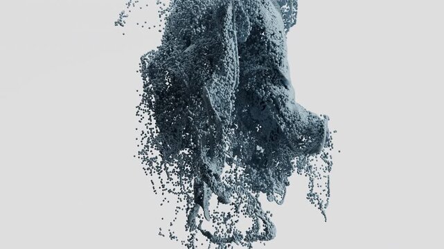 Blue particles smoke plume rising. 3d animation of slate blue smoke cloud of particles. Abstract motion design particle flow. 3D abstract fluid art blue particles rising
