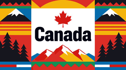 Obraz premium Vibrant illustration of Canada featuring the national flag, mountains, evergreen trees, and geometric patterns.