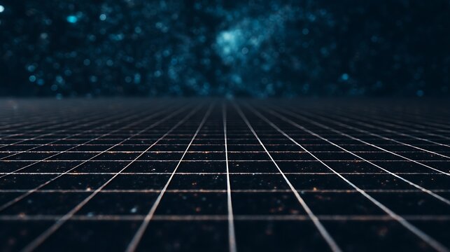 A digital grid pattern extends into a dark, starry, and futuristic background with glowing blue bokeh lights.