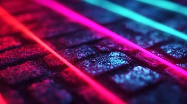 Close-up of textured surface illuminated by vibrant pink and blue neon light beams crossing diagonally.