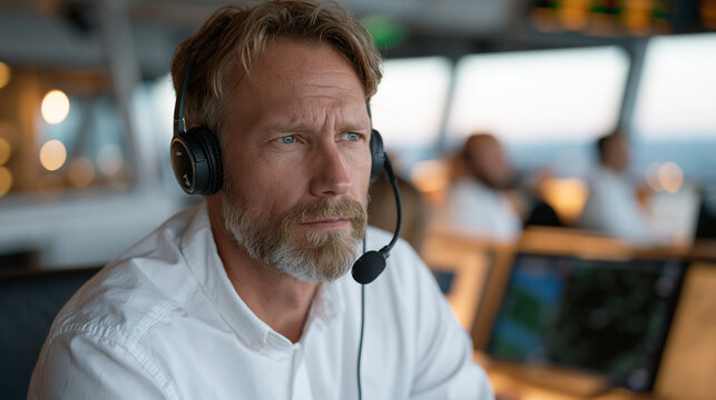 Airport operations center duty manager reviewing simultaneous runway incursion alerts and ground radar display during high-traffic afternoon peak period, wide establishing interior of tower-adjacent