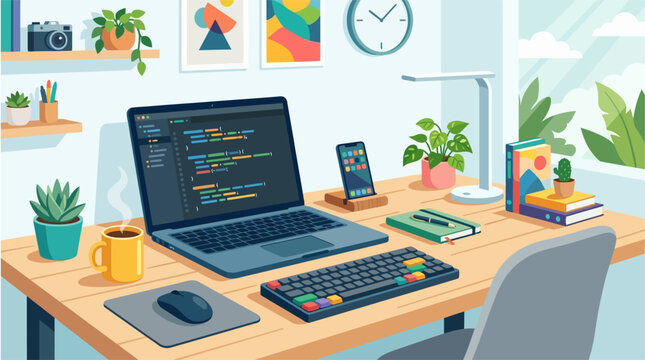 Developer desk setup with laptop displaying computer code, a smartphone, and a houseplant in a clean modern workspace.