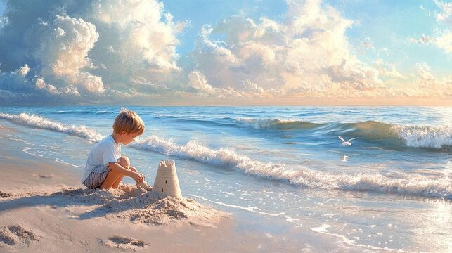 A tranquil beach scene with a child building a sandcastle, waves gently lapping at the shore, 