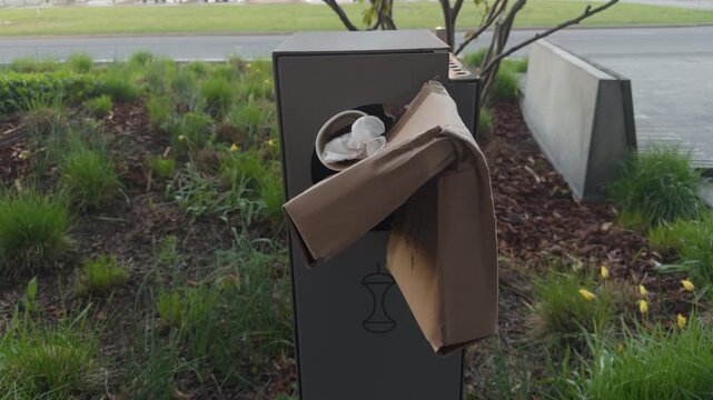 Lost order beside plants present. Abandoned courier bag situated near greenery in park setting