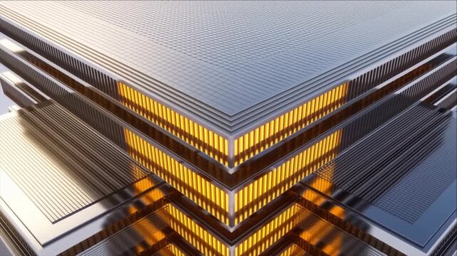 超高層ビル頂部で琥珀色に発光し起動する強固な暗号化セキュリティコアとサファイア回路網