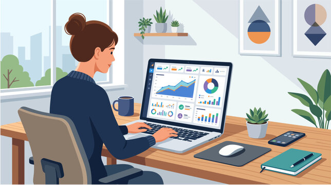 Side view of a woman focused on her laptop screen analyzing complex business data and financial growth charts at wor