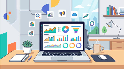 Fototapeta premium Laptop on desk displaying digital marketing analytics dashboard with icons for search, mail, social media, and data charts