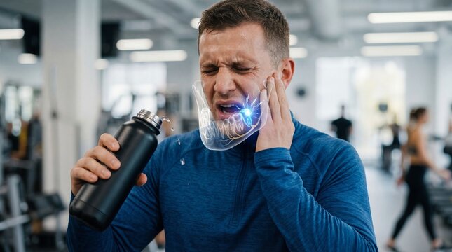 Man in gym holding bottle has acute toothache. Overlay of glowing molar shows dental pain. Fitness athlete suffering from tooth decay or sensitive gum during workout in sport club.