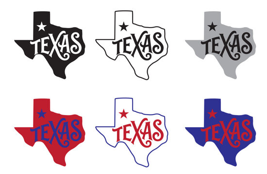 Six Texas state silhouettes featuring decorative lettering in red, white, blue, black, and gray. Perfect for t-shirts, stickers, Texas pride merchandise, and commercial branding.