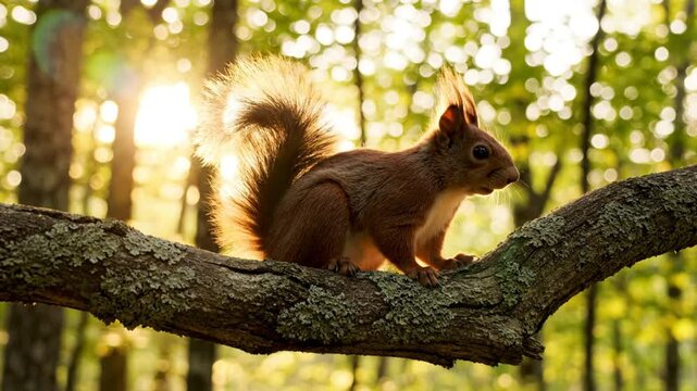 Cute red squirrel perched on a tree branch looking around in a sunlit forest environment.
