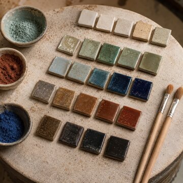 Nuancier artisanal d'&eacute;maux c&eacute;ramiques sur table de potier