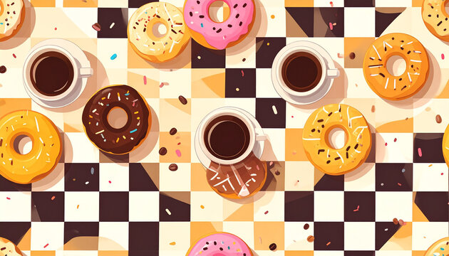 Colorful donuts and coffee cups on checkerboard patterned background