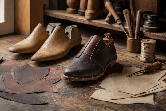Atelier de cordonnier avec chaussure en cuir en fabrication