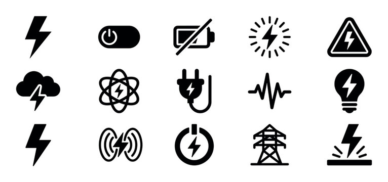 Set of fifteen black minimalist glyph icons representing electricity and energy, with symbols for lightning, power, battery, charge, voltage, and transmission