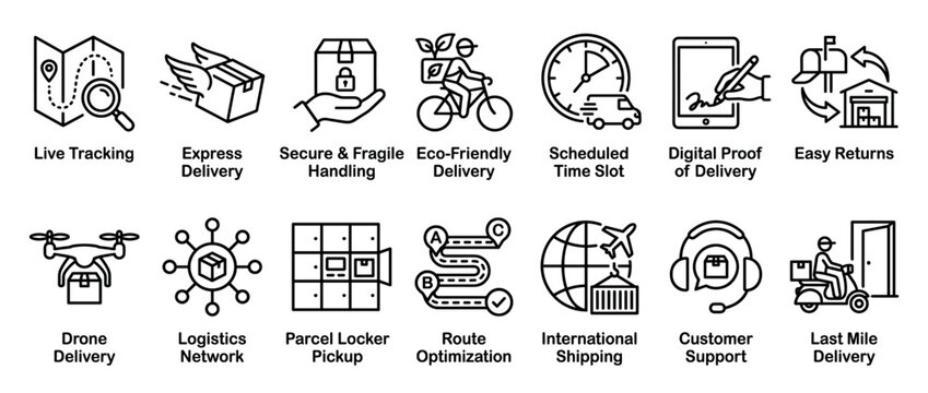 Set of black line icons for delivery and logistics services illustrating concepts like tracking, shipping, returns, and customer support for e-commerce and supply chain management