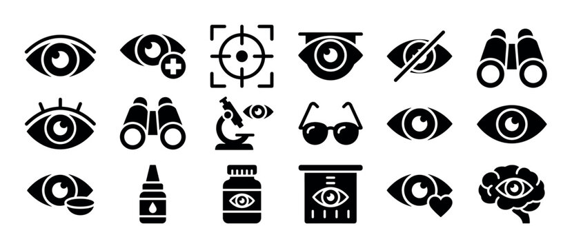 Vision and eye care solid icon collection representing ophthalmology and optometry with symbols for glasses, contact lenses, eye drops, medical examination, and sight correction
