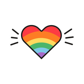 Retro rainbow pride heart illustration with shining light rays isolated on white. Pop art aesthetic heart with rainbow flag colors for LGBTQ pride month celebration, queer love, social media stickers.