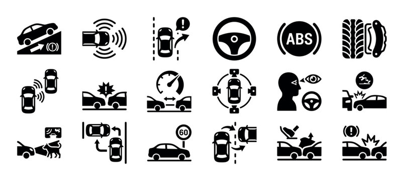Car safety features and driver assistance icons showing automotive electronic systems like ABS, collision avoidance, parking sensors, and lane assist in a black glyph pictogram set