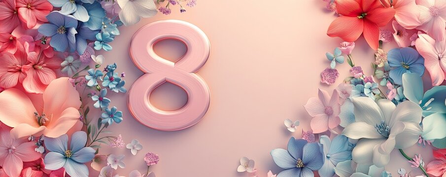 A pastel background featuring the number eight in spring colors, with space for text and messages of empowerment. 