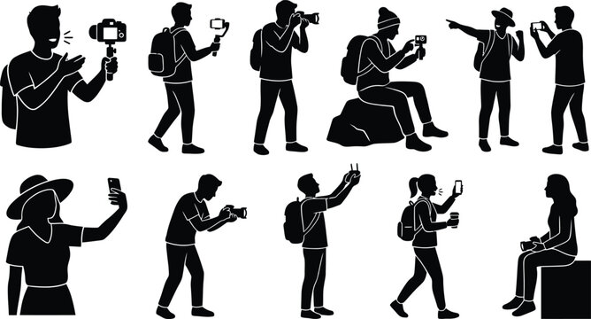 People using phones and cameras outdoors isolated on white background, Vector