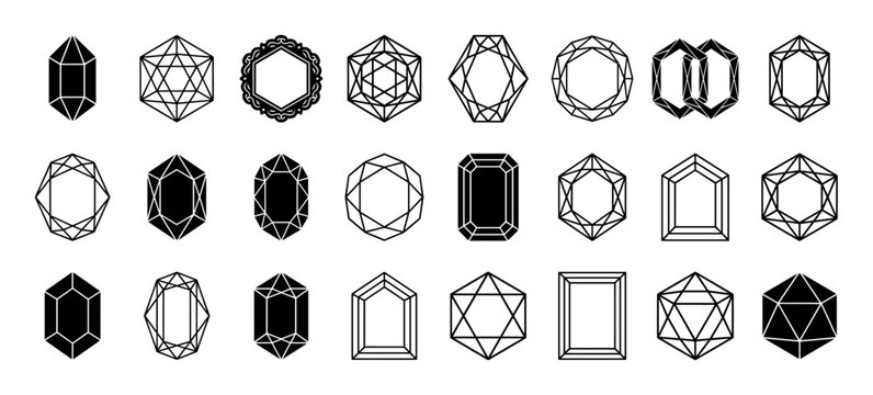Large collection of black gemstone and crystal icons in various geometric shapes and cuts, showcasing minimalist line art and solid silhouette designs for graphic elements