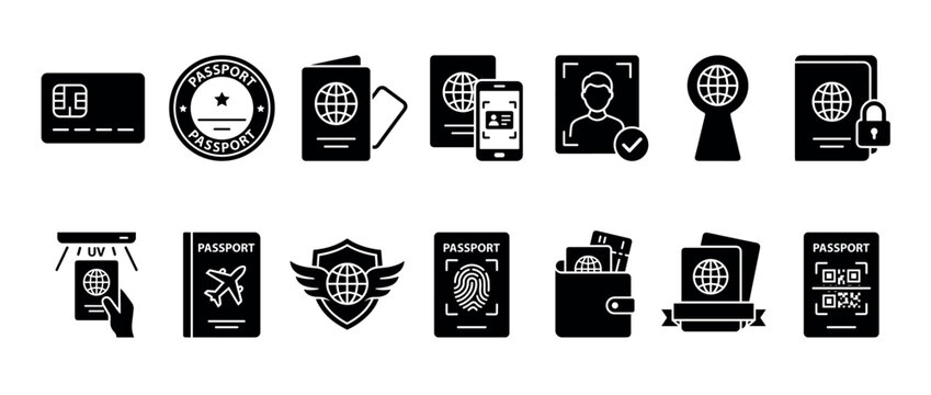 Diverse set of black glyph icons representing international travel documents, passport control, and modern identification methods, including biometrics, security, and digital verification