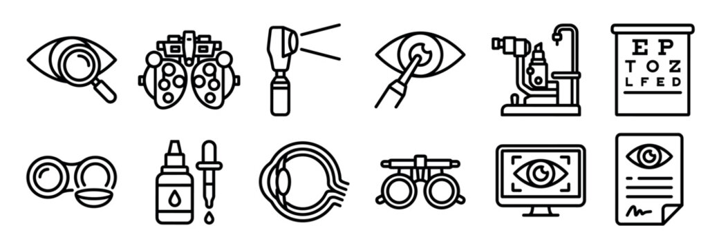 Set of black line icons for optometry and ophthalmology representing diagnostic tools, eye care products, and vision tests in a clean minimalist graphic style