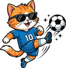 Obraz premium Cat kicks soccer ball in blue uniform.