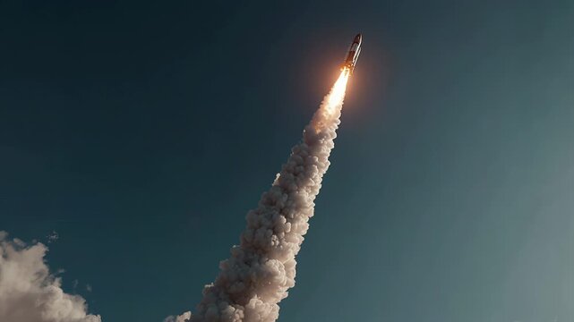 Space rocket ascending with exhaust flames, camera on body filming straight down, realistic daylight sky