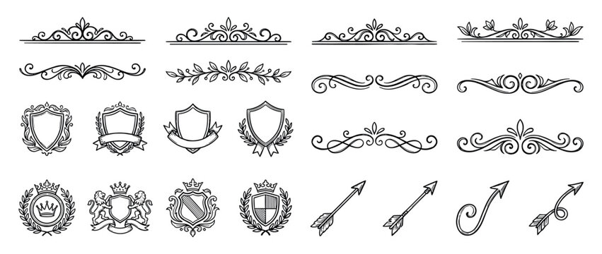 Collection of hand-drawn vintage decorative elements including ornate dividers, heraldic shields, calligraphic swirls, royal crests with crowns, and sketched arrows for elegant design