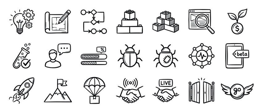 Hand-drawn business and technology doodle icon set illustrating concepts of startup launch, software development, project management, and innovation in a simple sketch style